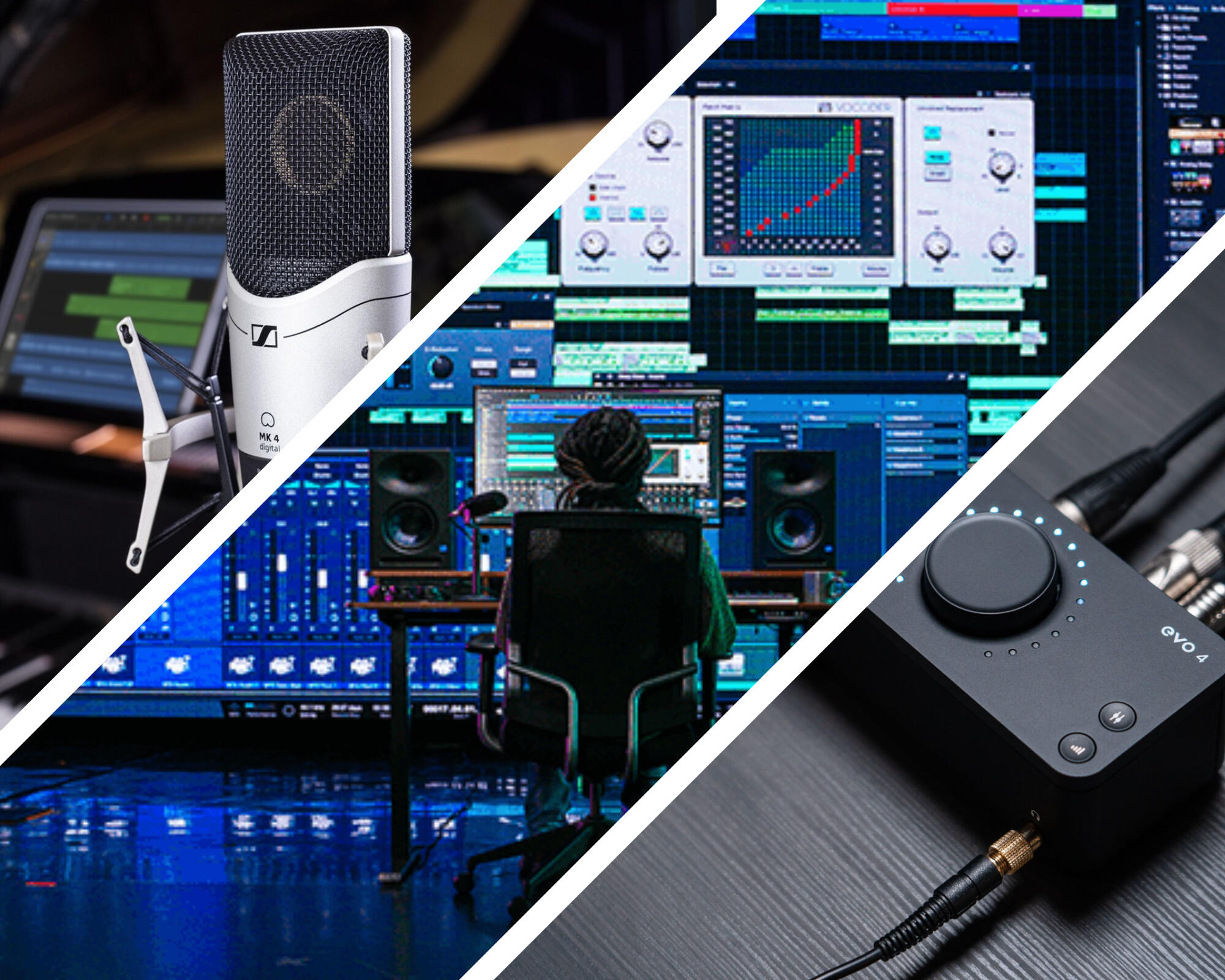 Collage of mic, interface and DAW